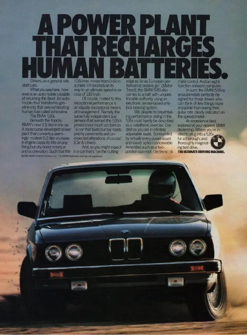 Vintage auto ad: BMW, A Power Plant That Recharges Human Batteries. Vintage auto ad: BMW, A Power Plant That Recharges Human Batteries.